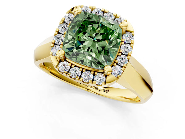 Yellow gold Fancy Green Cushion  Cut Halo Solitaire Engagement Ring with Square Band and Four-Prong Setting