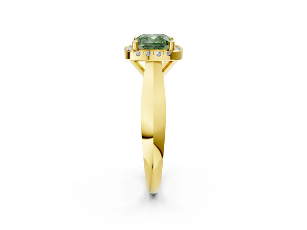 Yellow gold Fancy Green Cushion  Cut Halo Solitaire Engagement Ring with Square Band and Four-Prong Setting