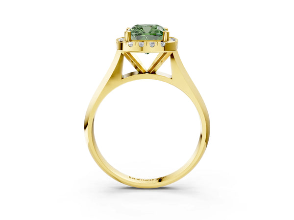 Yellow gold Fancy Green Cushion  Cut Halo Solitaire Engagement Ring with Square Band and Four-Prong Setting