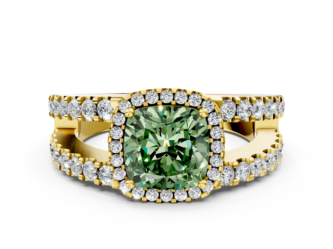 Yellow gold Fancy Green Cushion  Cut Halo Split Shank Diamond Ring with Four-Prong Setting_45