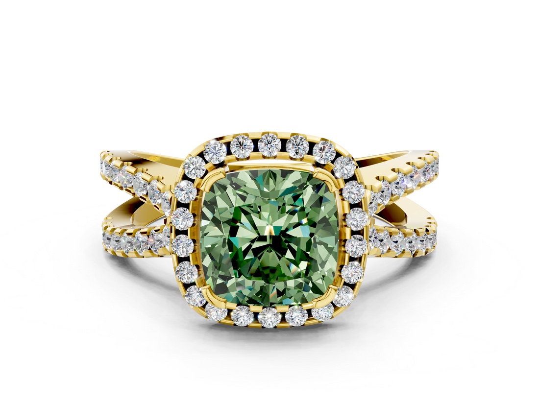 Yellow gold Fancy Green Cushion  Cut Halo Split Shank Pave Set Ring_62