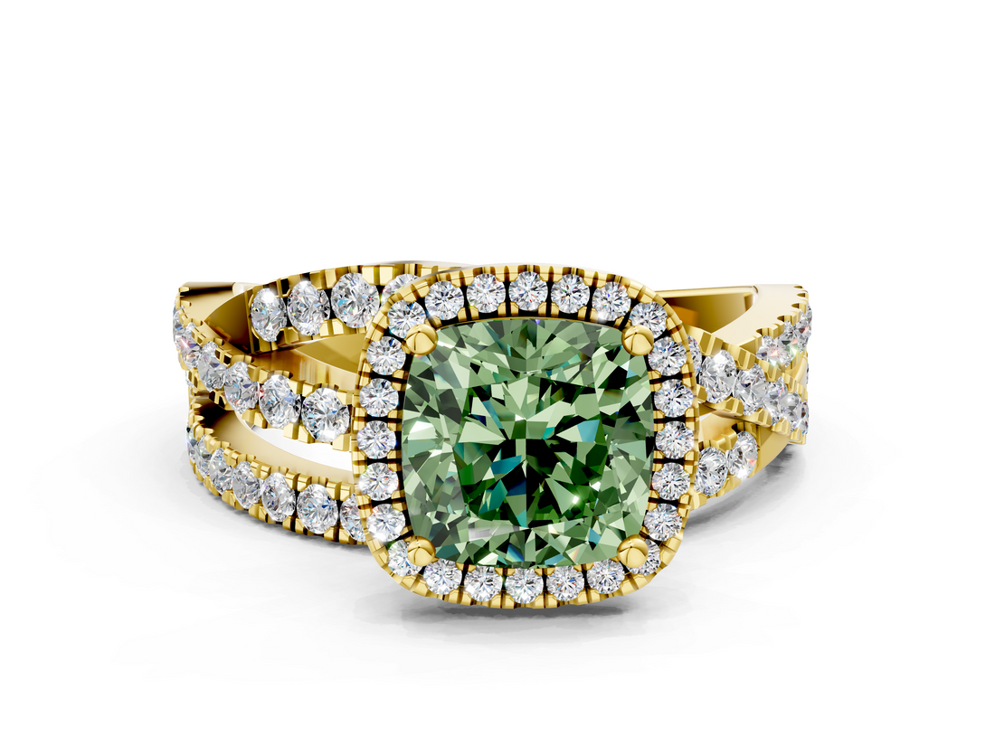 Yellow gold Fancy Green Cushion  Cut Halo Split Shank Prong Setting Ring_61