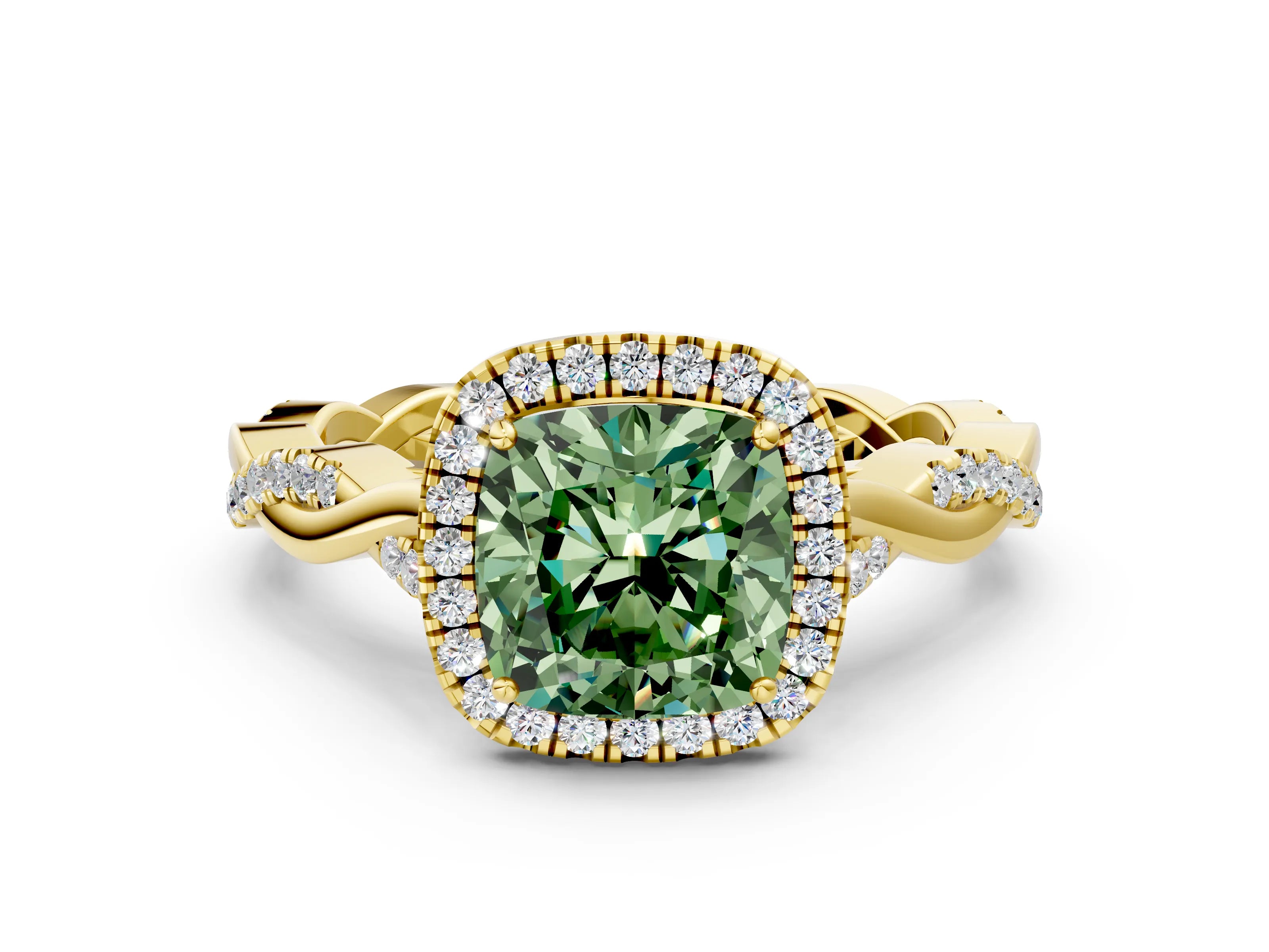Yellow gold Fancy Green Cushion Cut Halo Twist Band with Four-Prong Setting
