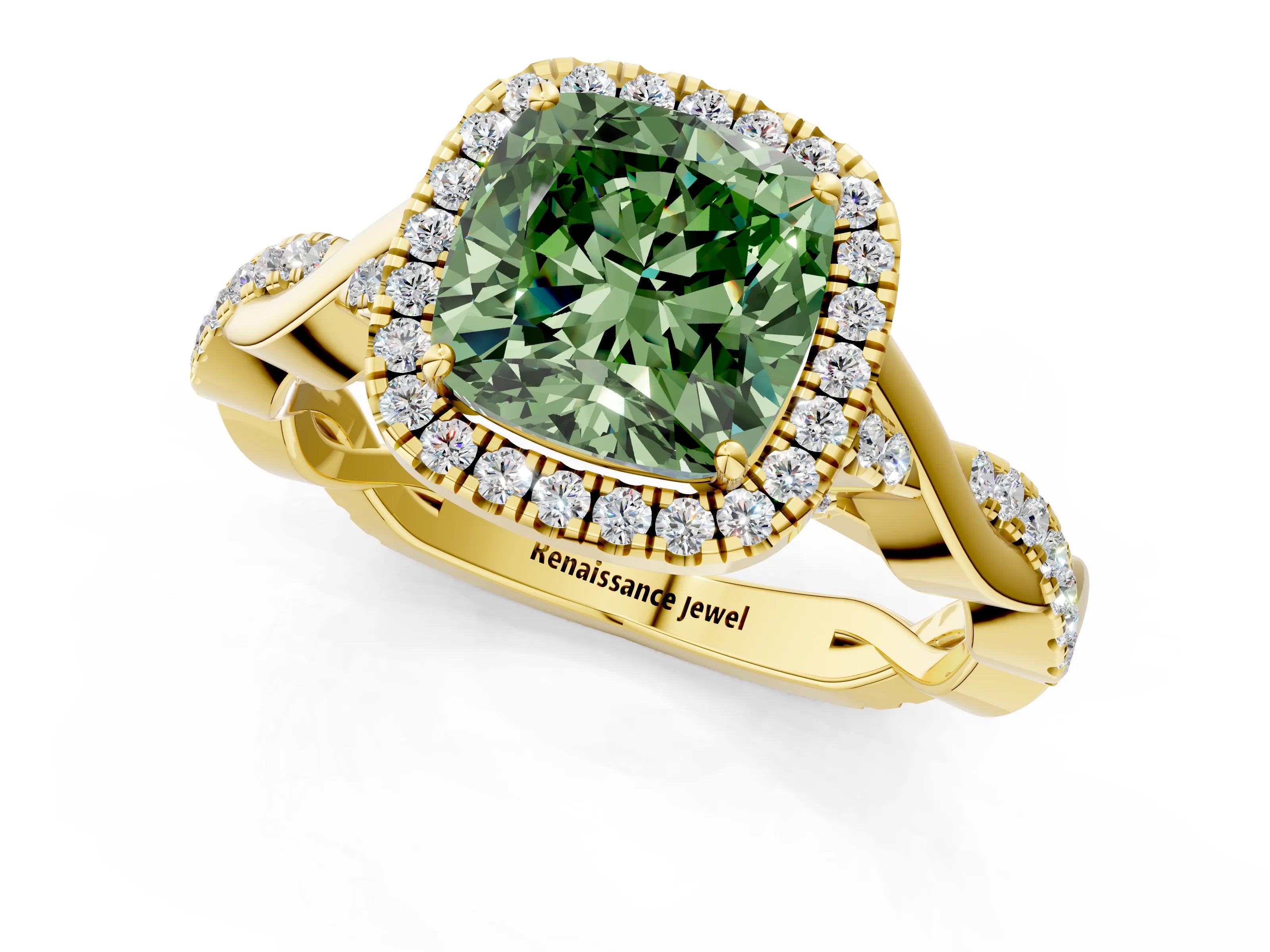 Yellow gold Fancy Green Cushion Cut Halo Twist Band with Four-Prong Setting_1