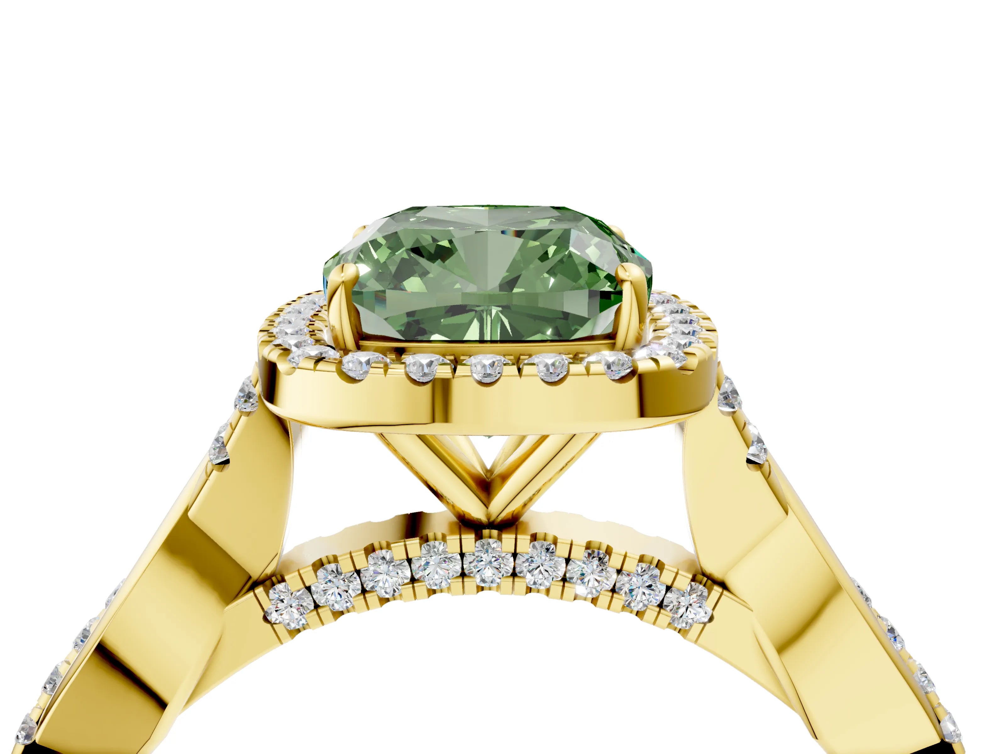 Yellow gold Fancy Green Cushion Cut Halo Twist Band with Four-Prong Setting_4