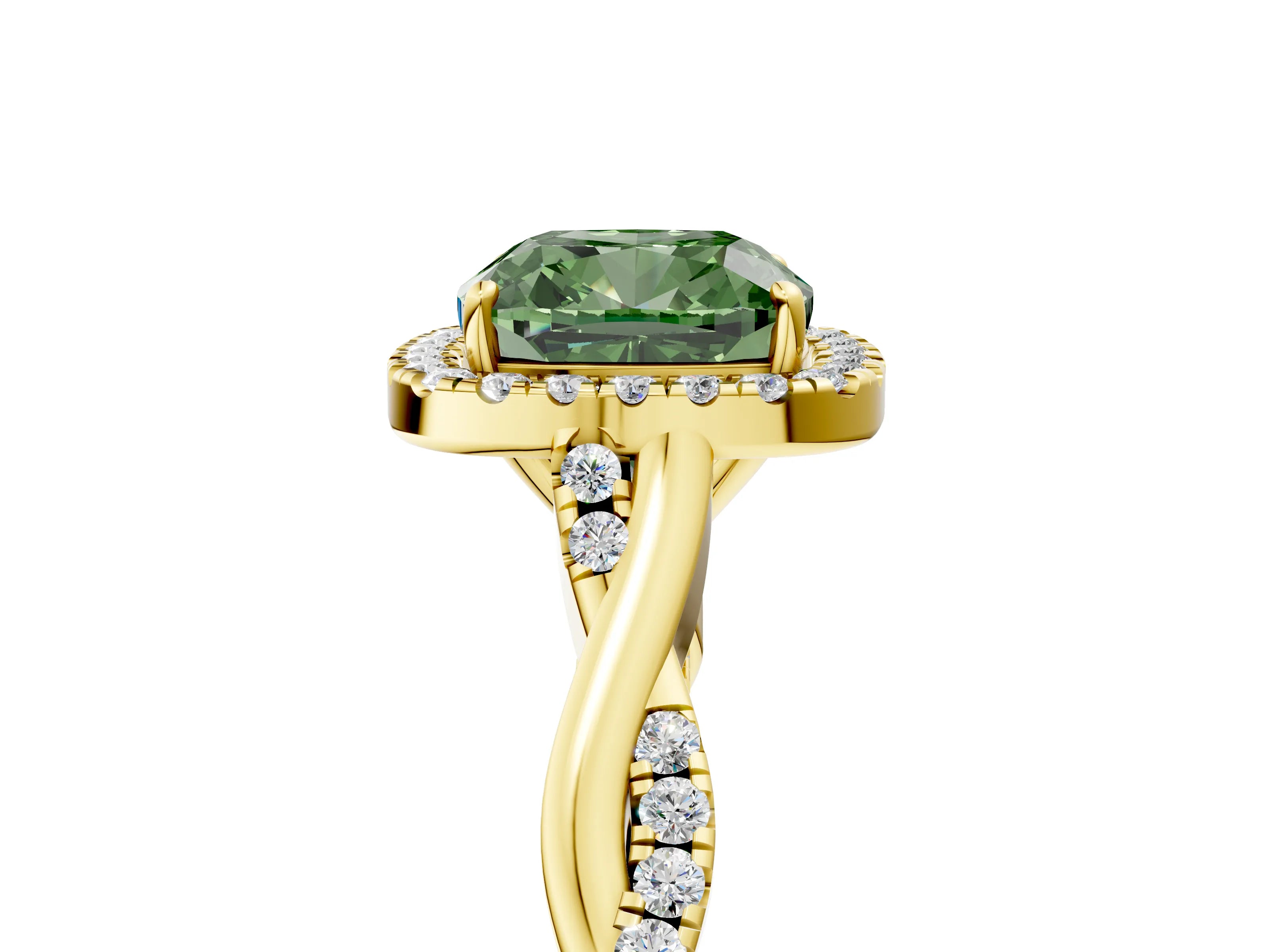 Yellow gold Fancy Green Cushion Cut Halo Twist Band with Four-Prong Setting_5