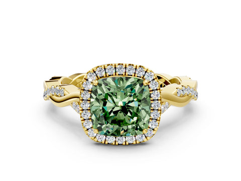 Yellow gold Fancy Green Cushion Cut Halo Twist Band with Four-Prong Setting