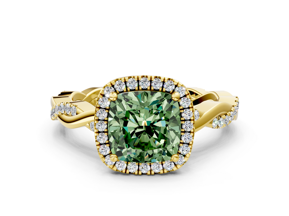 Yellow gold Fancy Green Cushion  Cut Halo Twisted Band Four-Prong Ring_19