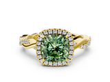 Yellow gold Fancy Green Cushion  Cut Halo Twisted Band Four-Prong Ring_19
