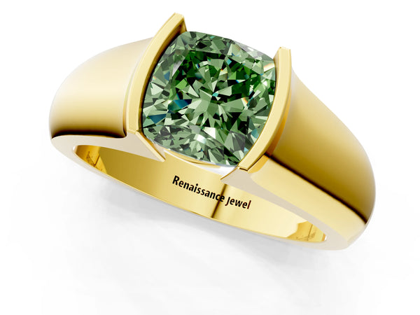Yellow gold Fancy Green Cushion Cut Solitaire Bezel Set Diamond Ring with Wide Band