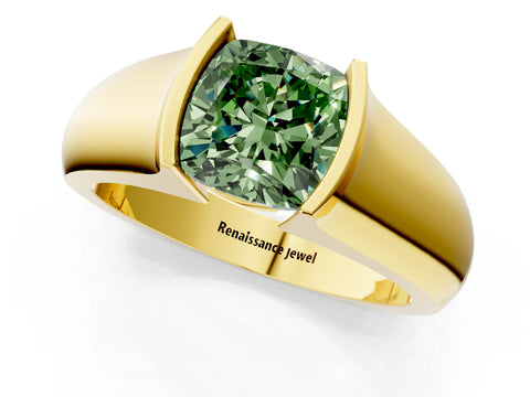 Yellow gold Fancy Green Cushion Cut Solitaire Bezel Set Diamond Ring with Wide Band_1