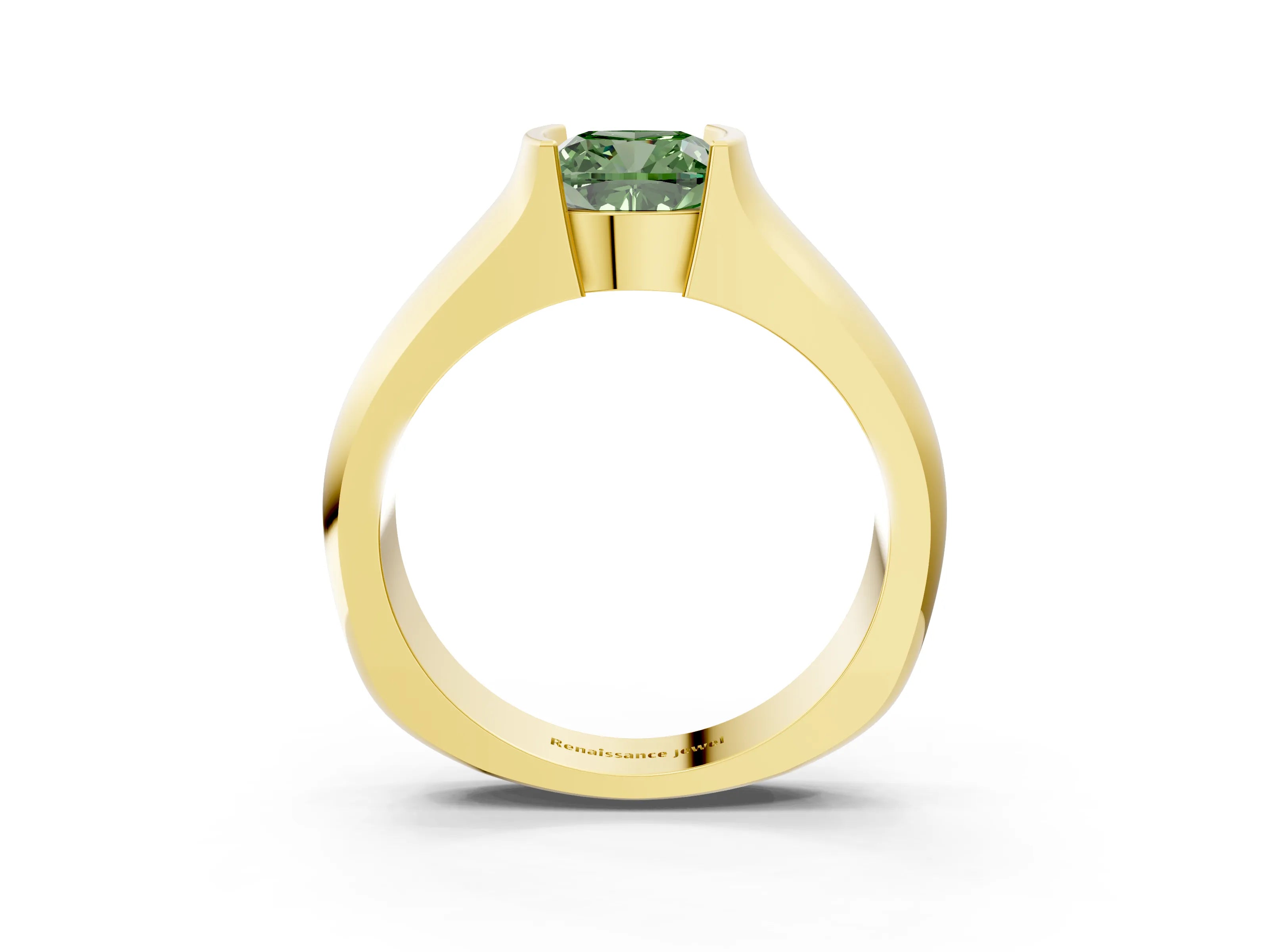 Yellow gold Fancy Green Cushion Cut Solitaire Bezel Set Diamond Ring with Wide Band_3