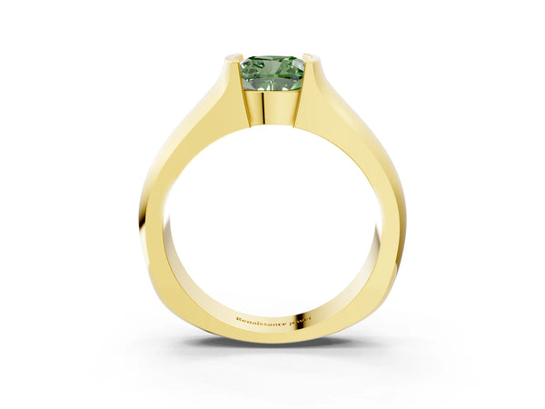 Yellow gold Fancy Green Cushion Cut Solitaire Bezel Set Diamond Ring with Wide Band
