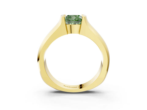 Yellow gold Fancy Green Cushion Cut Solitaire Bezel Set Diamond Ring with Wide Band_3
