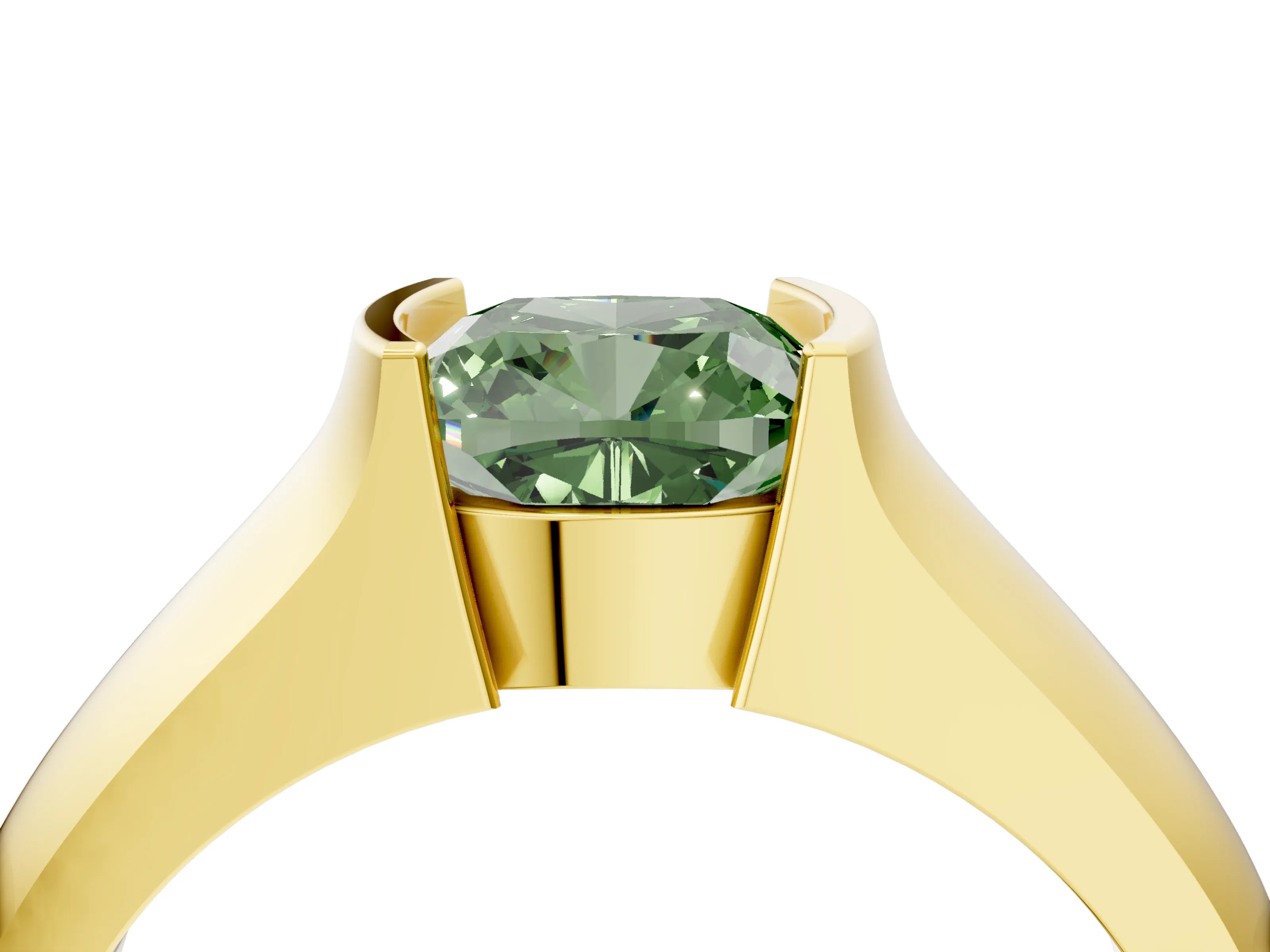 Yellow gold Fancy Green Cushion Cut Solitaire Bezel Set Diamond Ring with Wide Band_4