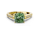 Yellow gold Fancy Green Cushion Cut Solitaire Cathedral Diamond Engagement Ring with Channel-Set Band and Four-Prong Setting_3