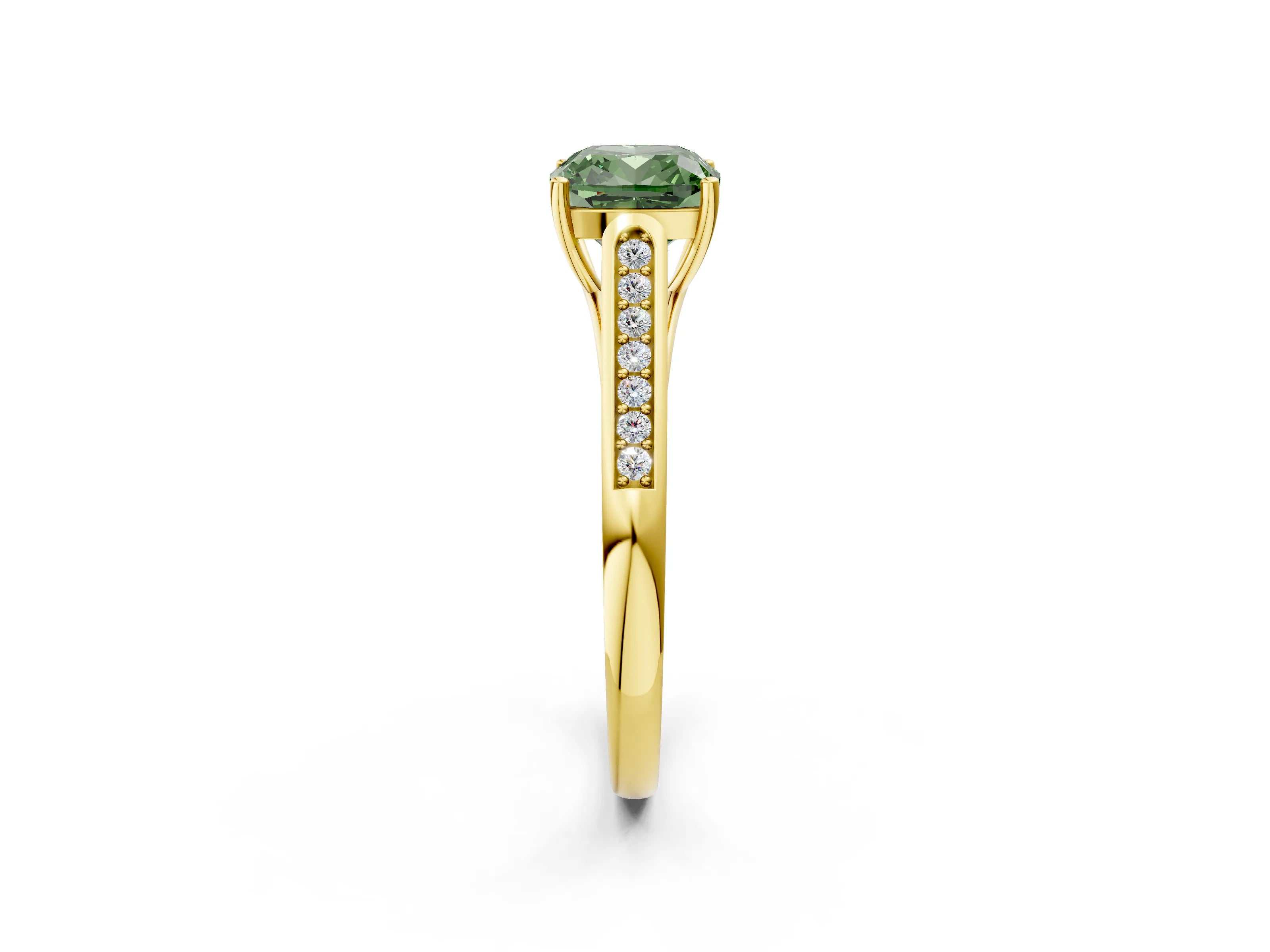 Yellow gold Fancy Green Cushion Cut Solitaire Cathedral Diamond Engagement Ring with Channel-Set Band and Four-Prong Setting_5