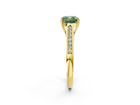 Yellow gold Fancy Green Cushion Cut Solitaire Cathedral Diamond Engagement Ring with Channel-Set Band and Four-Prong Setting_5