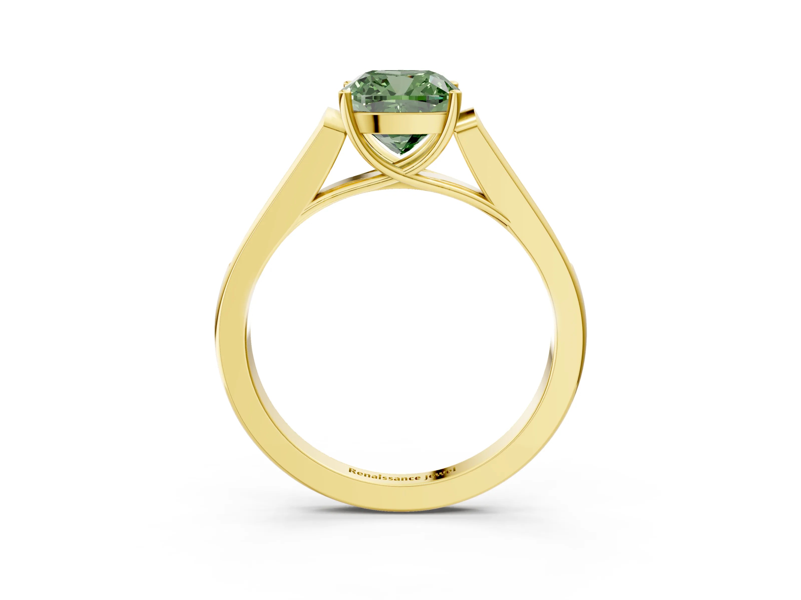Yellow gold Fancy Green Cushion Cut Solitaire Cathedral Diamond Engagement Ring with Channel-Set Band and Four-Prong Setting_6