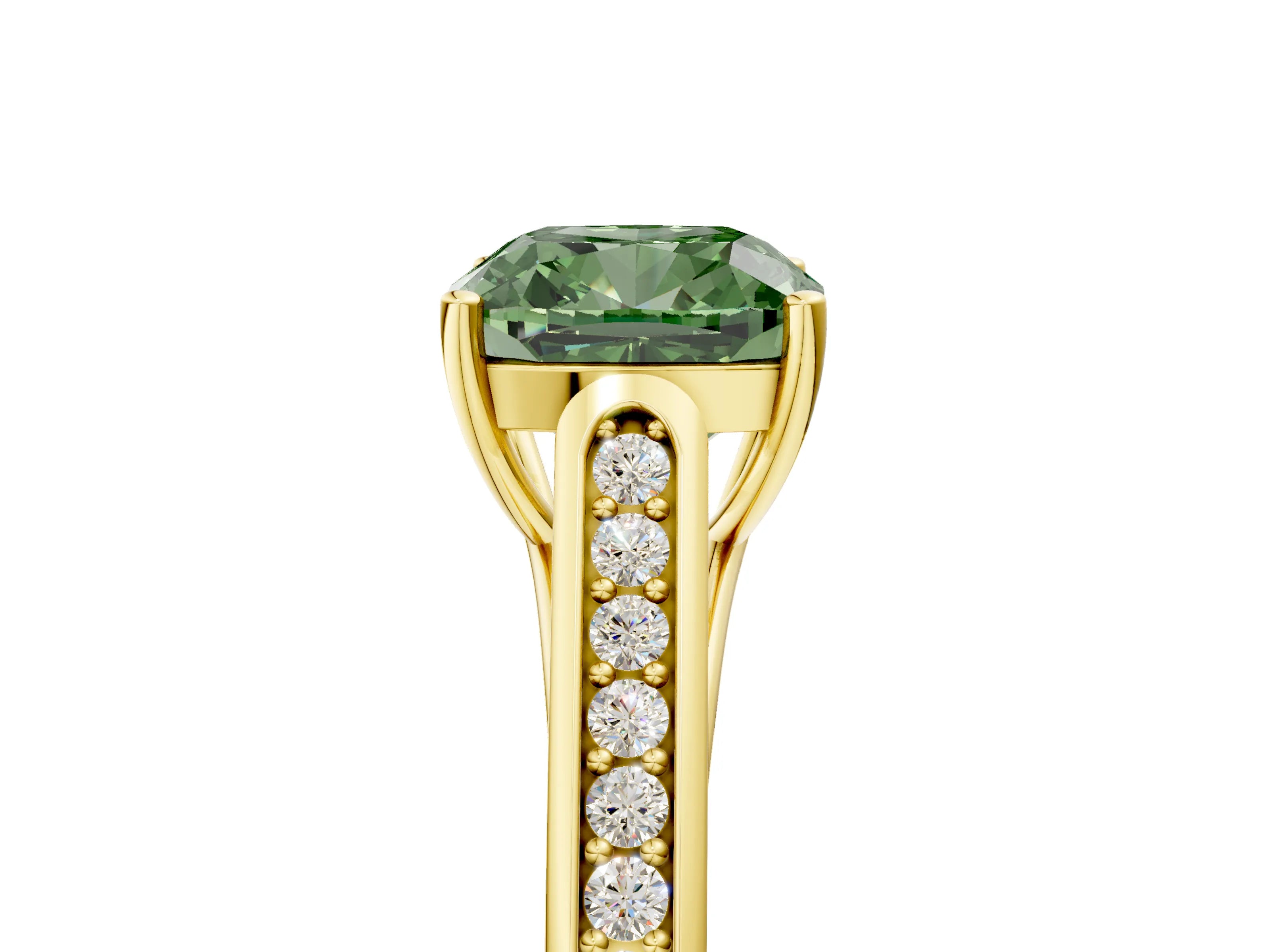 Yellow gold Fancy Green Cushion Cut Solitaire Cathedral Diamond Engagement Ring with Channel-Set Band and Four-Prong Setting_8