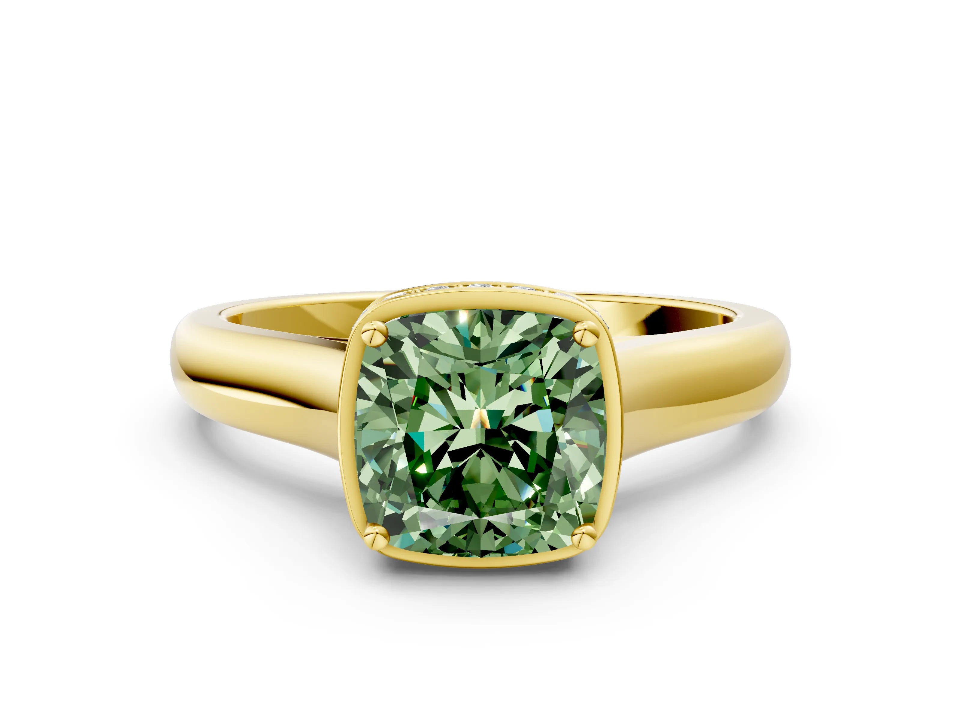 Yellow gold Fancy Green Cushion Cut Solitaire Diamond Engagement Ring with Four-Prong Setting and Tapered Band