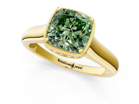 Yellow gold Fancy Green Cushion Cut Solitaire Diamond Engagement Ring with Four-Prong Setting and Tapered Band_1