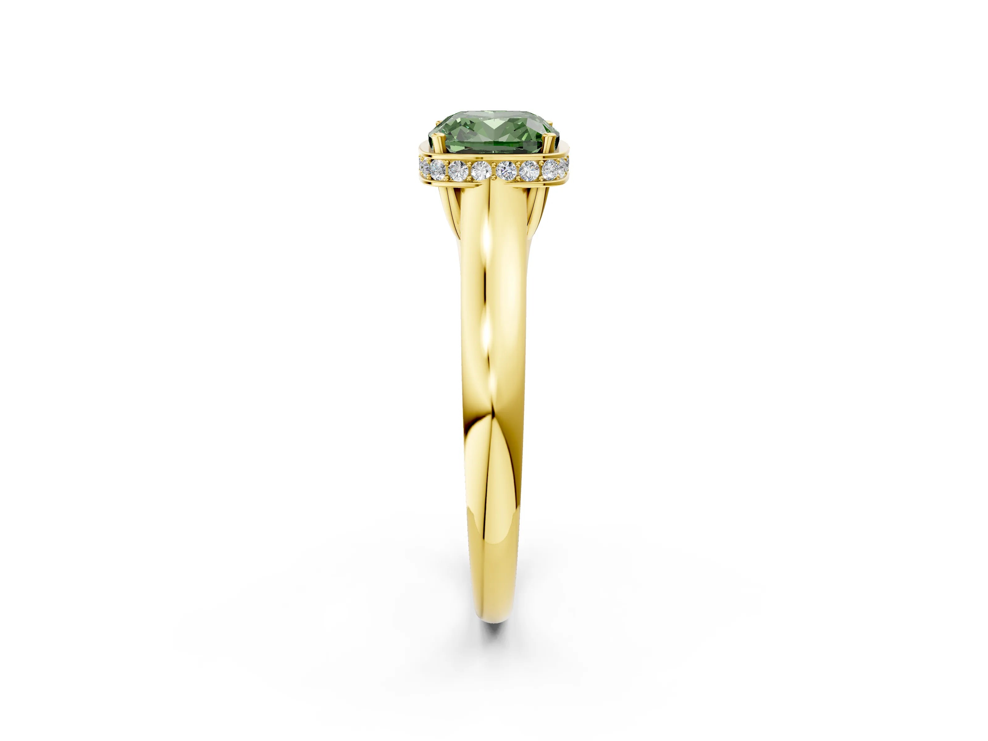 Yellow gold Fancy Green Cushion Cut Solitaire Diamond Engagement Ring with Four-Prong Setting and Tapered Band_2