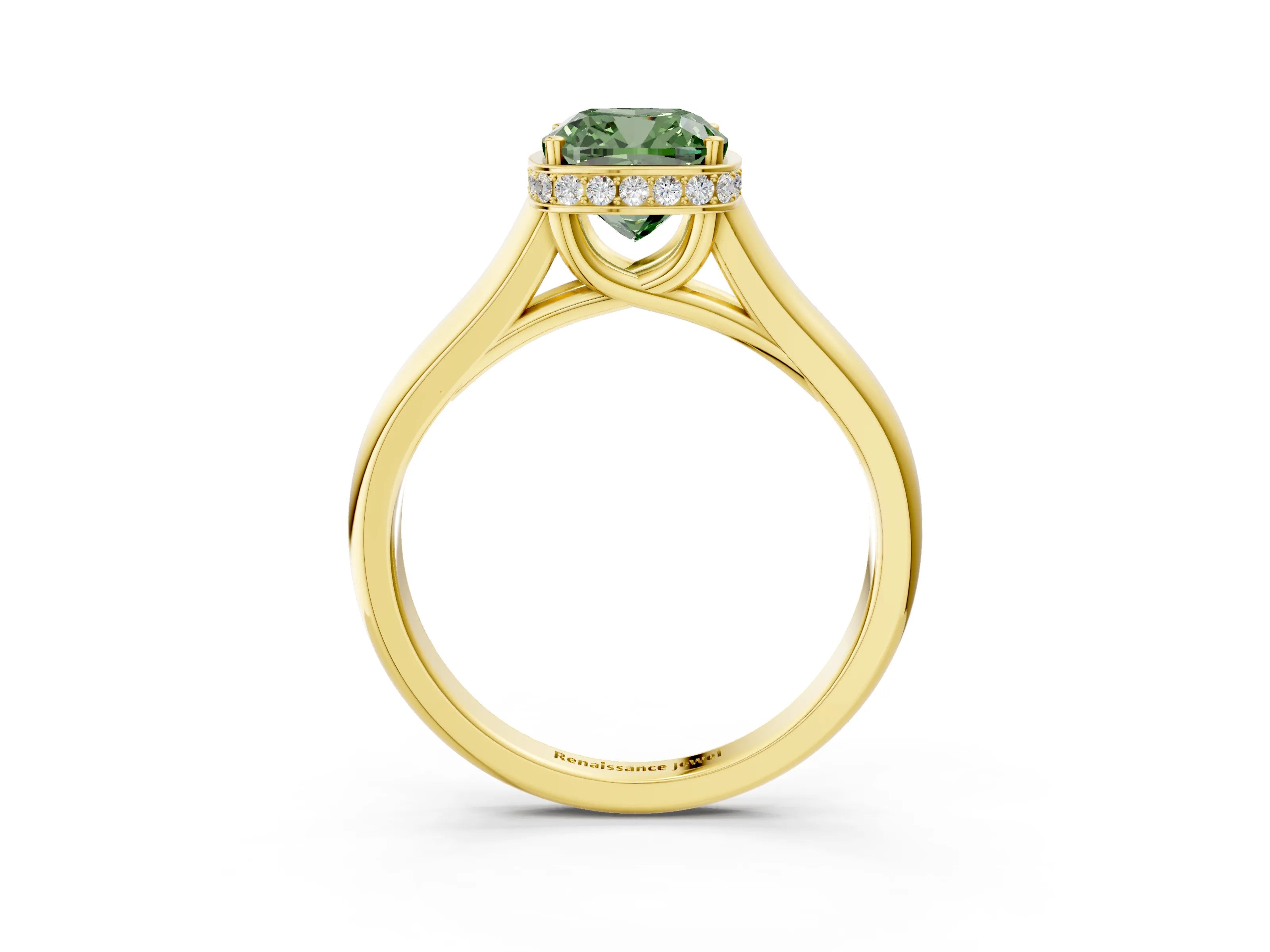 Yellow gold Fancy Green Cushion Cut Solitaire Diamond Engagement Ring with Four-Prong Setting and Tapered Band_3