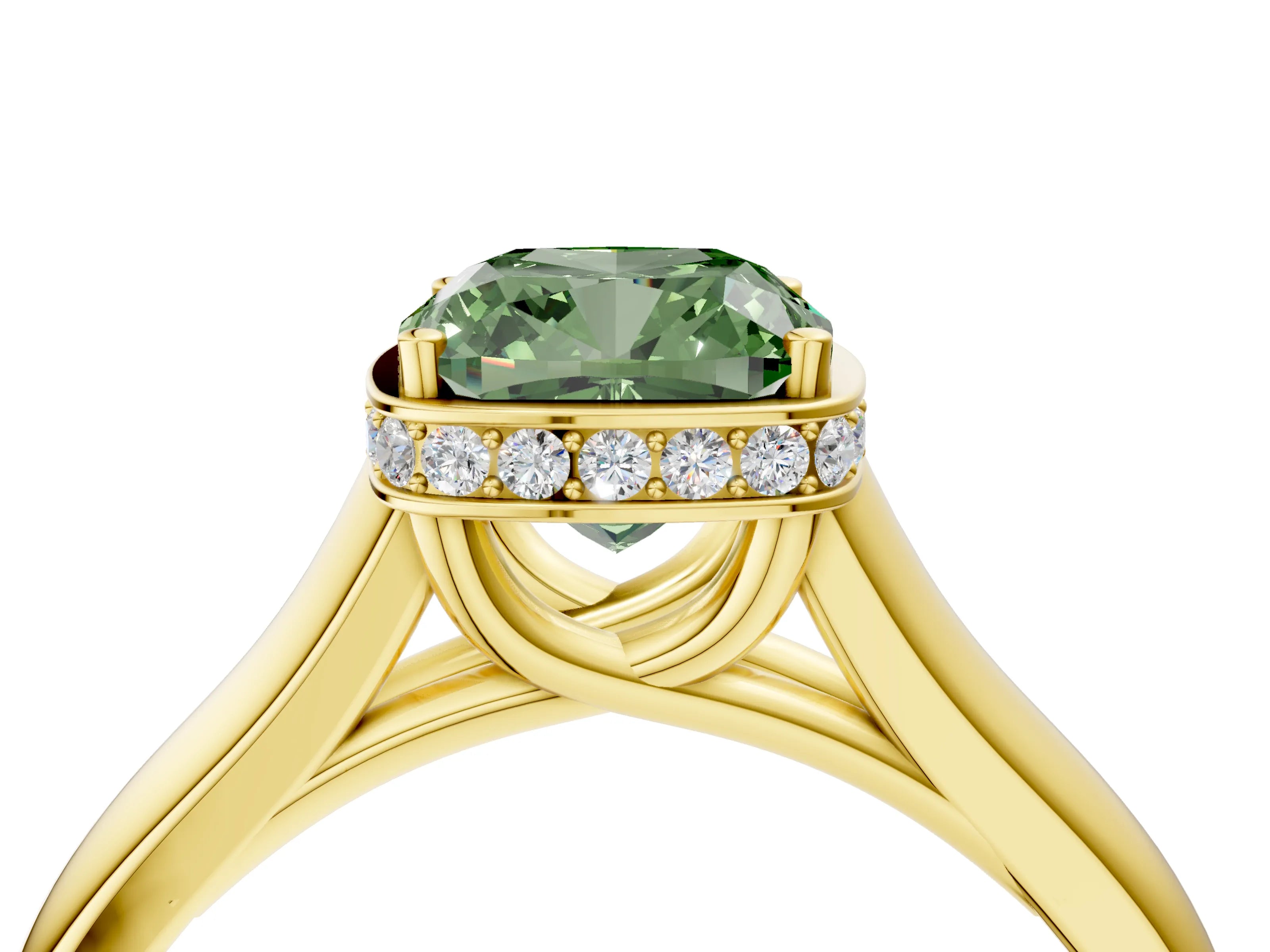 Yellow gold Fancy Green Cushion Cut Solitaire Diamond Engagement Ring with Four-Prong Setting and Tapered Band_4