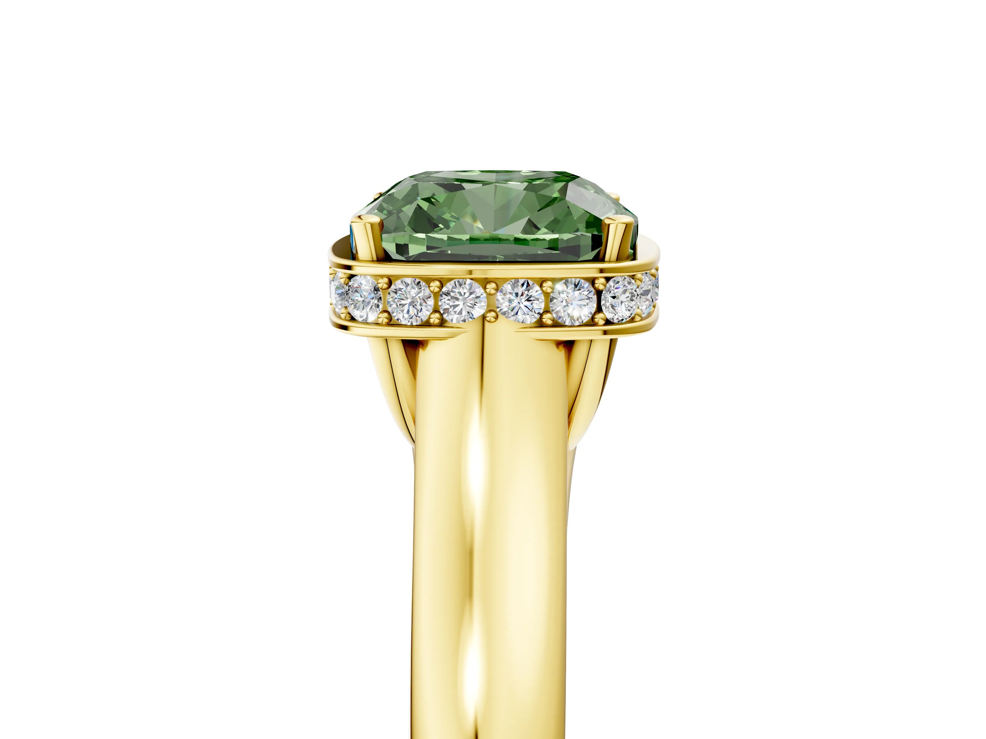 Yellow gold Fancy Green Cushion Cut Solitaire Diamond Engagement Ring with Four-Prong Setting and Tapered Band_5