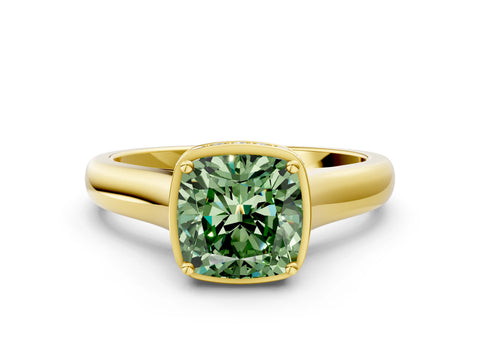 Yellow gold Fancy Green Cushion Cut Solitaire Diamond Engagement Ring with Four-Prong Setting and Tapered Band
