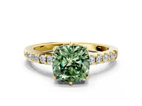Yellow gold Fancy Green Cushion Cut Solitaire Diamond Engagement Ring with Pavé Band and Six-Prong Setting_12