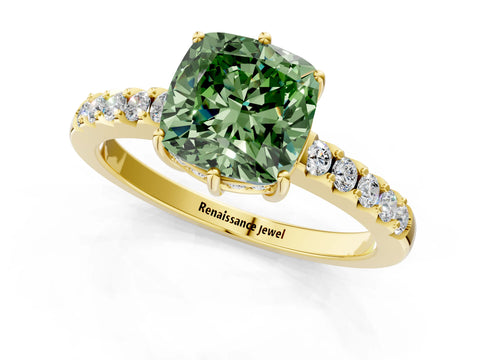 Yellow gold Fancy Green Cushion Cut Solitaire Diamond Engagement Ring with Pavé Band and Six-Prong Setting_13