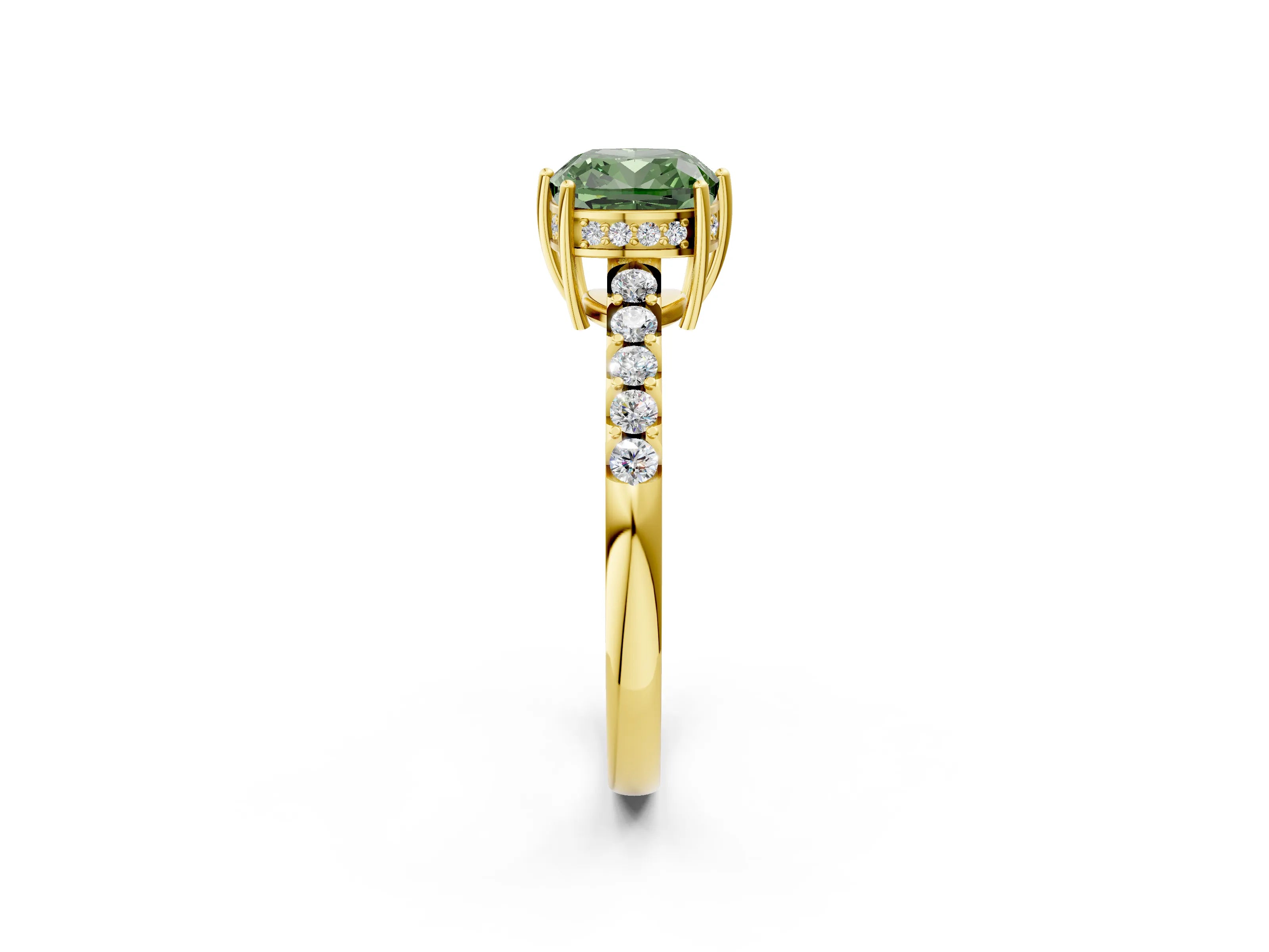 Yellow gold Fancy Green Cushion Cut Solitaire Diamond Engagement Ring with Pavé Band and Six-Prong Setting_14