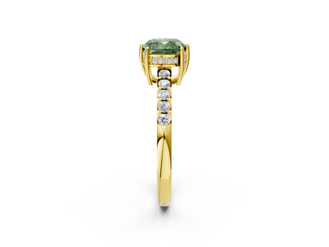 Yellow gold Fancy Green Cushion Cut Solitaire Diamond Engagement Ring with Pavé Band and Six-Prong Setting_14