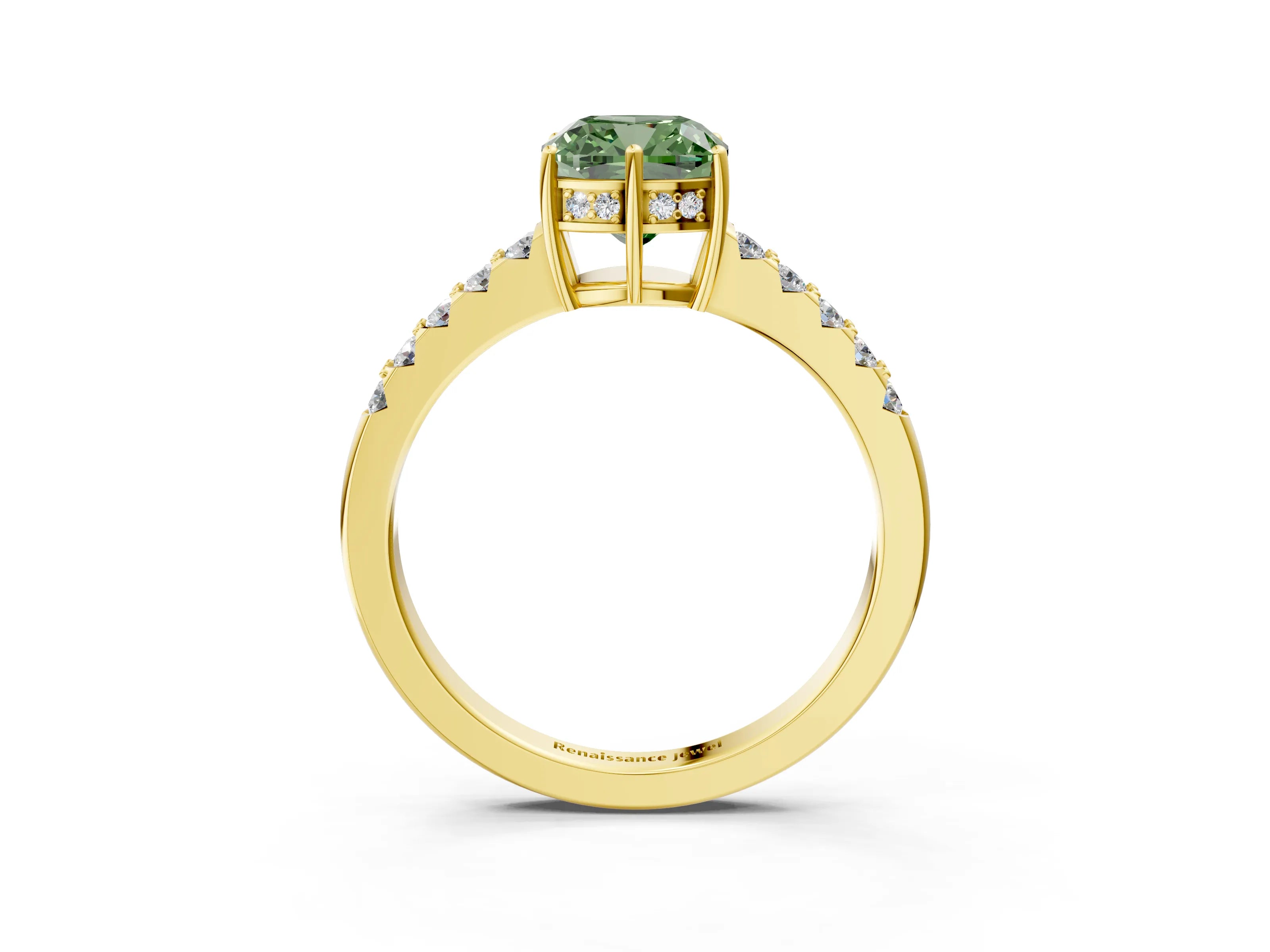 Yellow gold Fancy Green Cushion Cut Solitaire Diamond Engagement Ring with Pavé Band and Six-Prong Setting_15