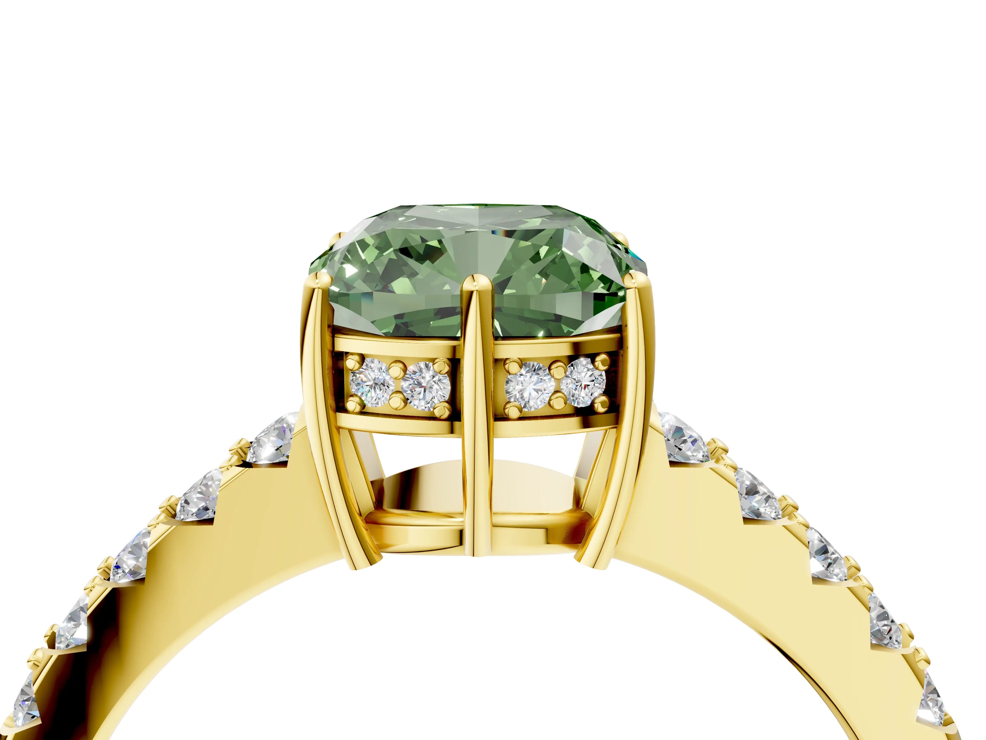 Yellow gold Fancy Green Cushion Cut Solitaire Diamond Engagement Ring with Pavé Band and Six-Prong Setting_16