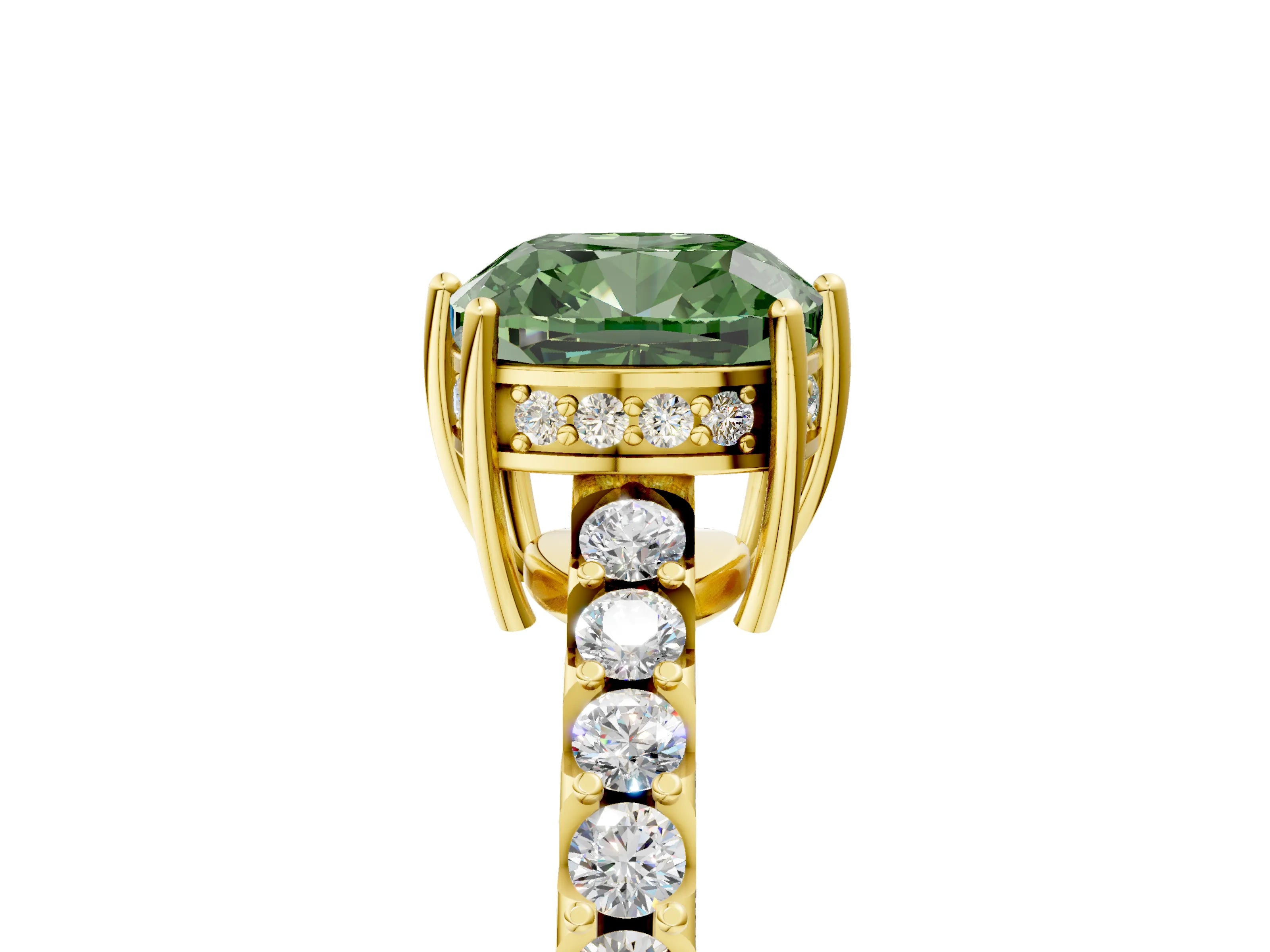 Yellow gold Fancy Green Cushion Cut Solitaire Diamond Engagement Ring with Pavé Band and Six-Prong Setting_17