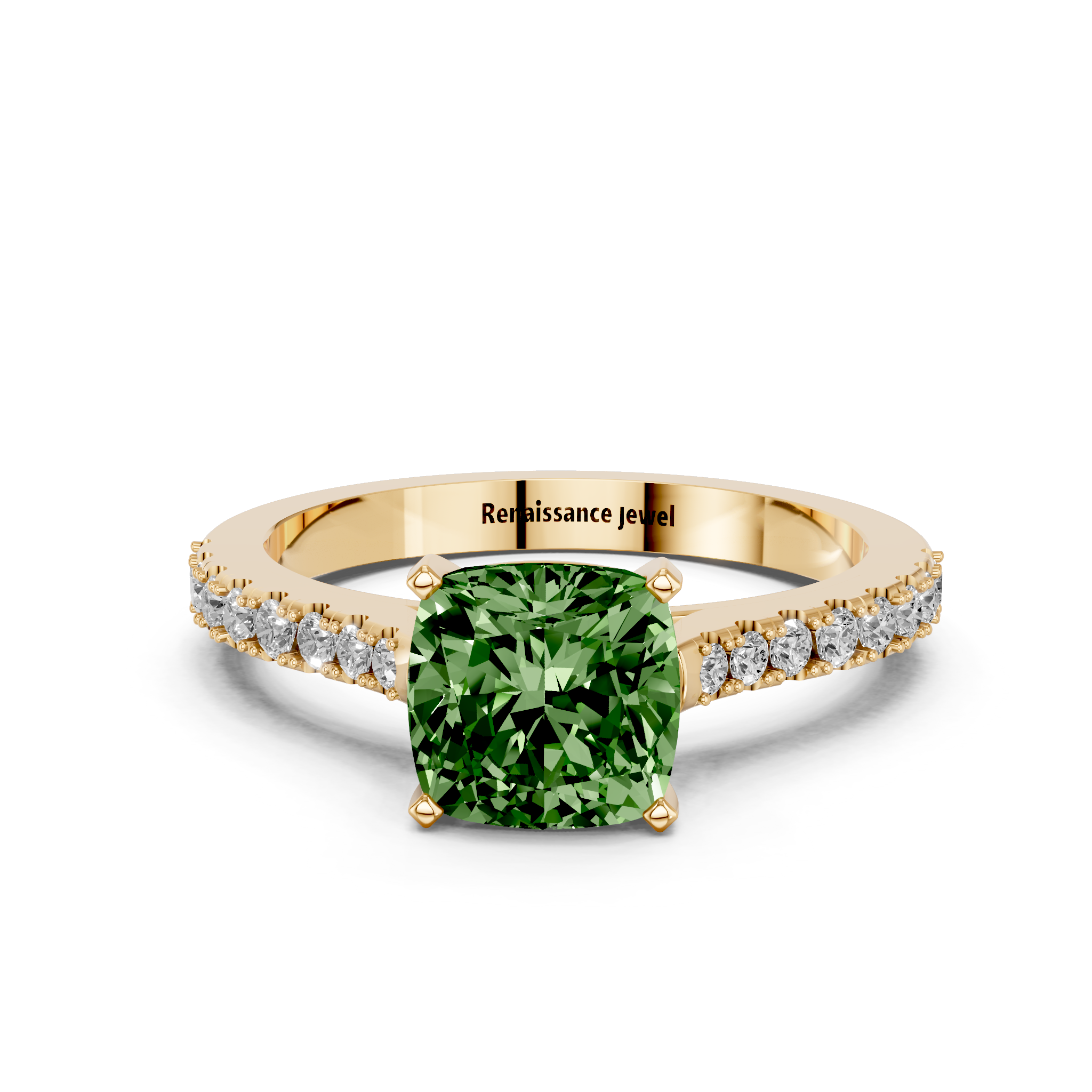 Yellow gold Fancy Green Cushion  Cut Solitaire Diamond Engagement Ring with Pave Band and Four-Prong Setting_11