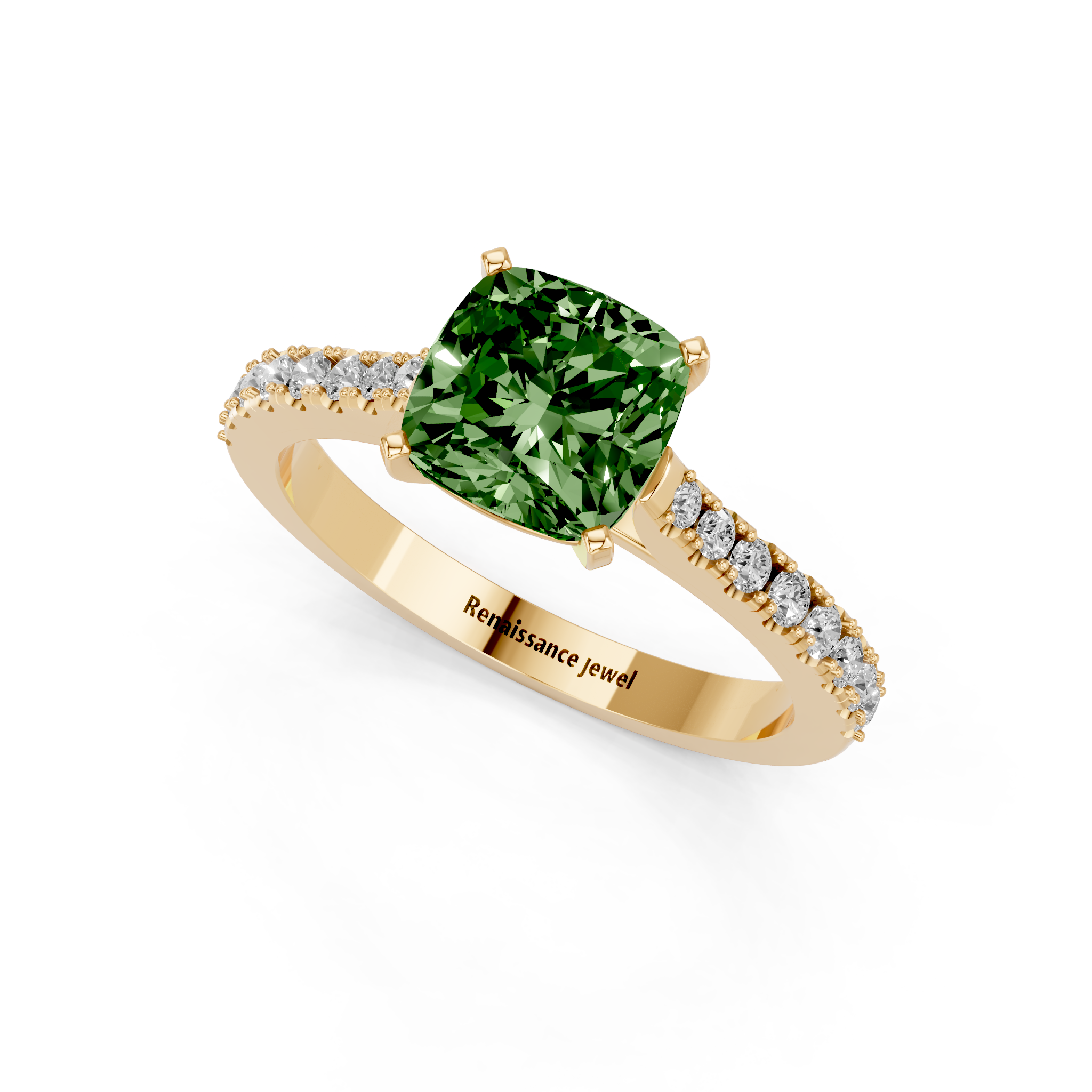 Yellow gold Fancy Green Cushion  Cut Solitaire Diamond Engagement Ring with Pave Band and Four-Prong Setting_4