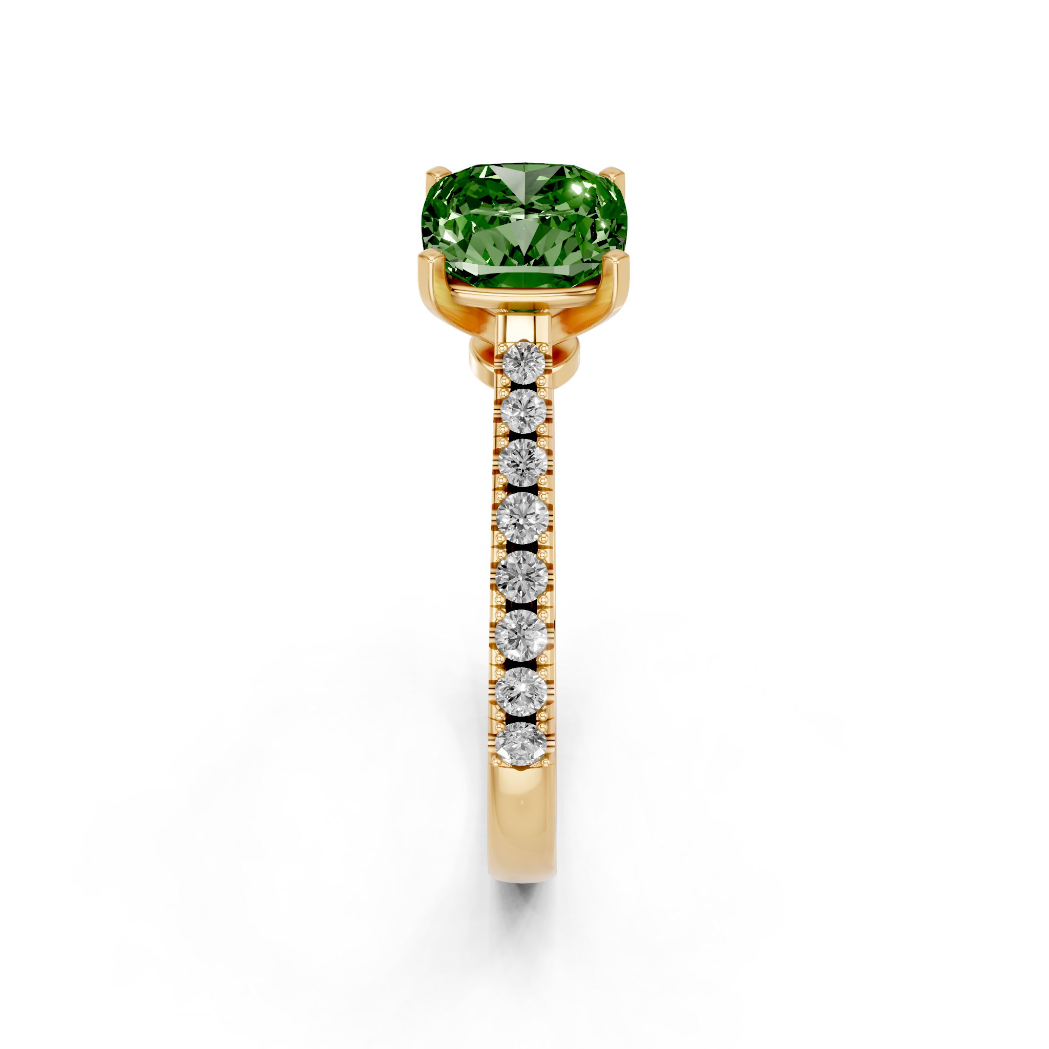 Yellow gold Fancy Green Cushion  Cut Solitaire Diamond Engagement Ring with Pave Band and Four-Prong Setting_5