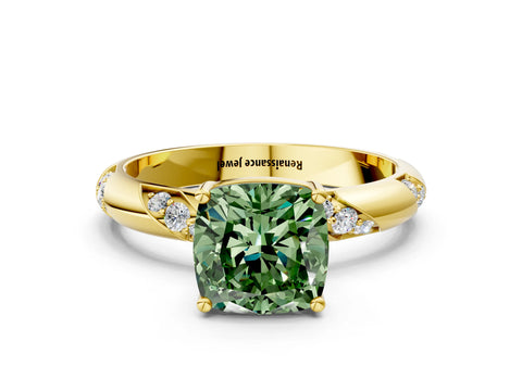 Yellow gold Fancy Green Cushion Cut Solitaire Diamond Engagement Ring with Twisted Pave Band and Four-Prong Setting_3