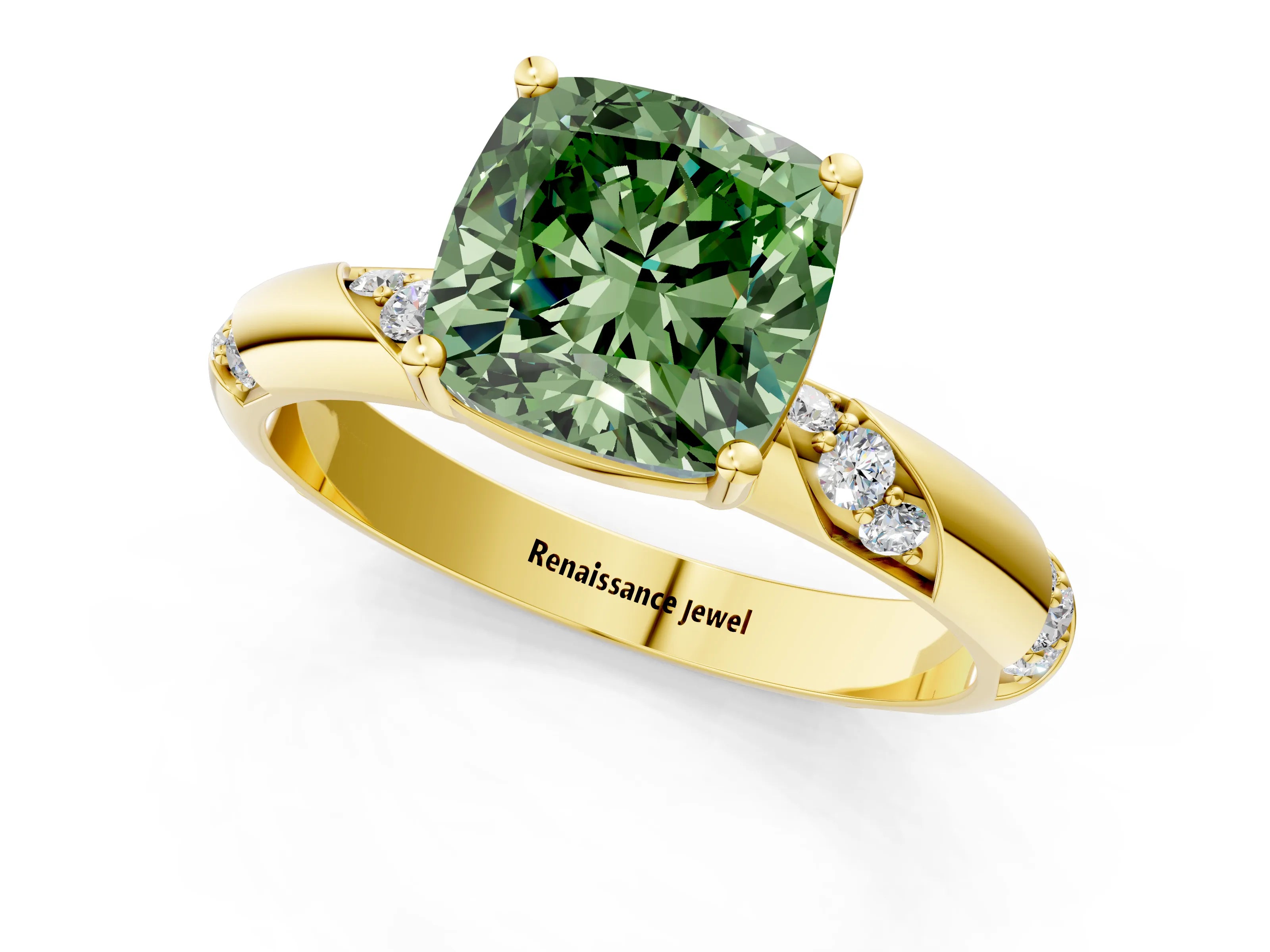 Yellow gold Fancy Green Cushion Cut Solitaire Diamond Engagement Ring with Twisted Pave Band and Four-Prong Setting_4