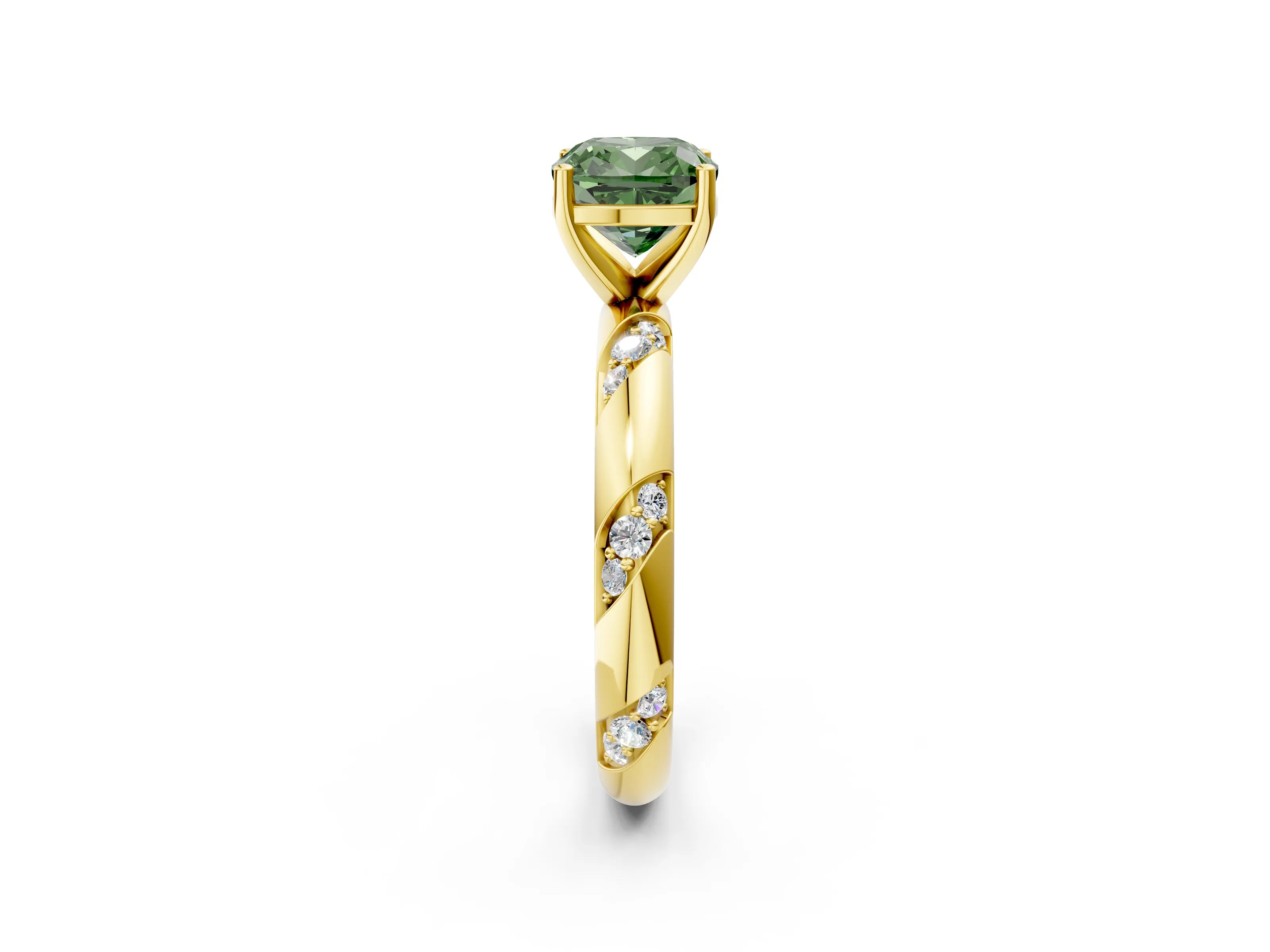 Yellow gold Fancy Green Cushion Cut Solitaire Diamond Engagement Ring with Twisted Pave Band and Four-Prong Setting_5