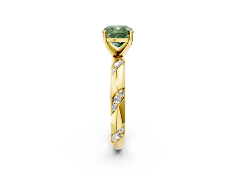 Yellow gold Fancy Green Cushion Cut Solitaire Diamond Engagement Ring with Twisted Pave Band and Four-Prong Setting_5