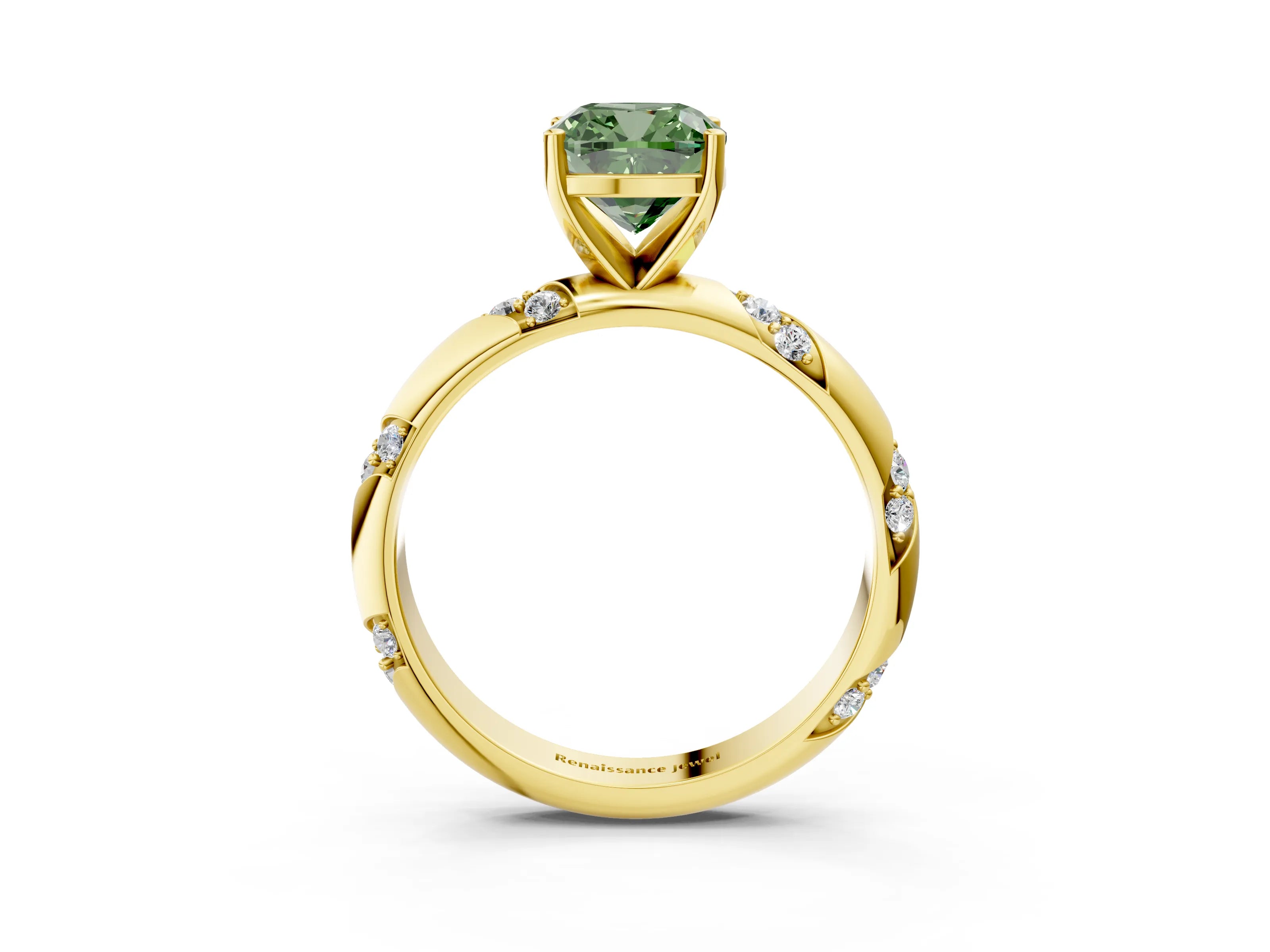 Yellow gold Fancy Green Cushion Cut Solitaire Diamond Engagement Ring with Twisted Pave Band and Four-Prong Setting_6