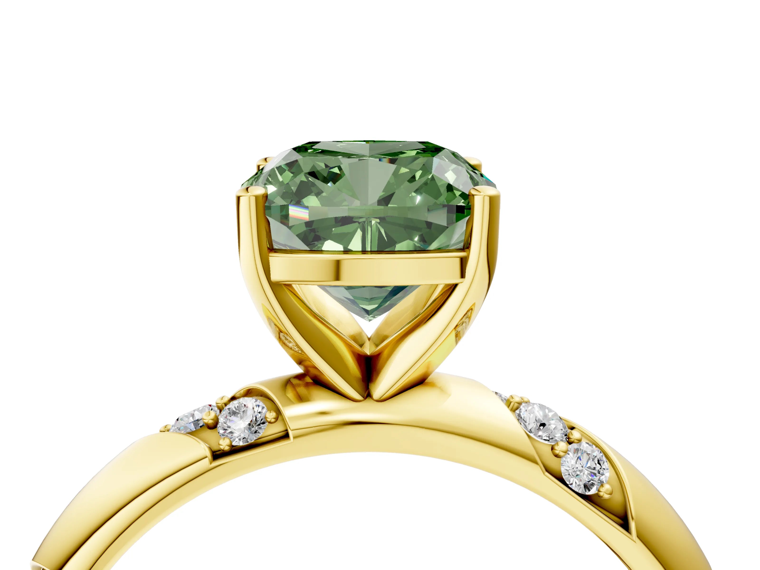 Yellow gold Fancy Green Cushion Cut Solitaire Diamond Engagement Ring with Twisted Pave Band and Four-Prong Setting_7