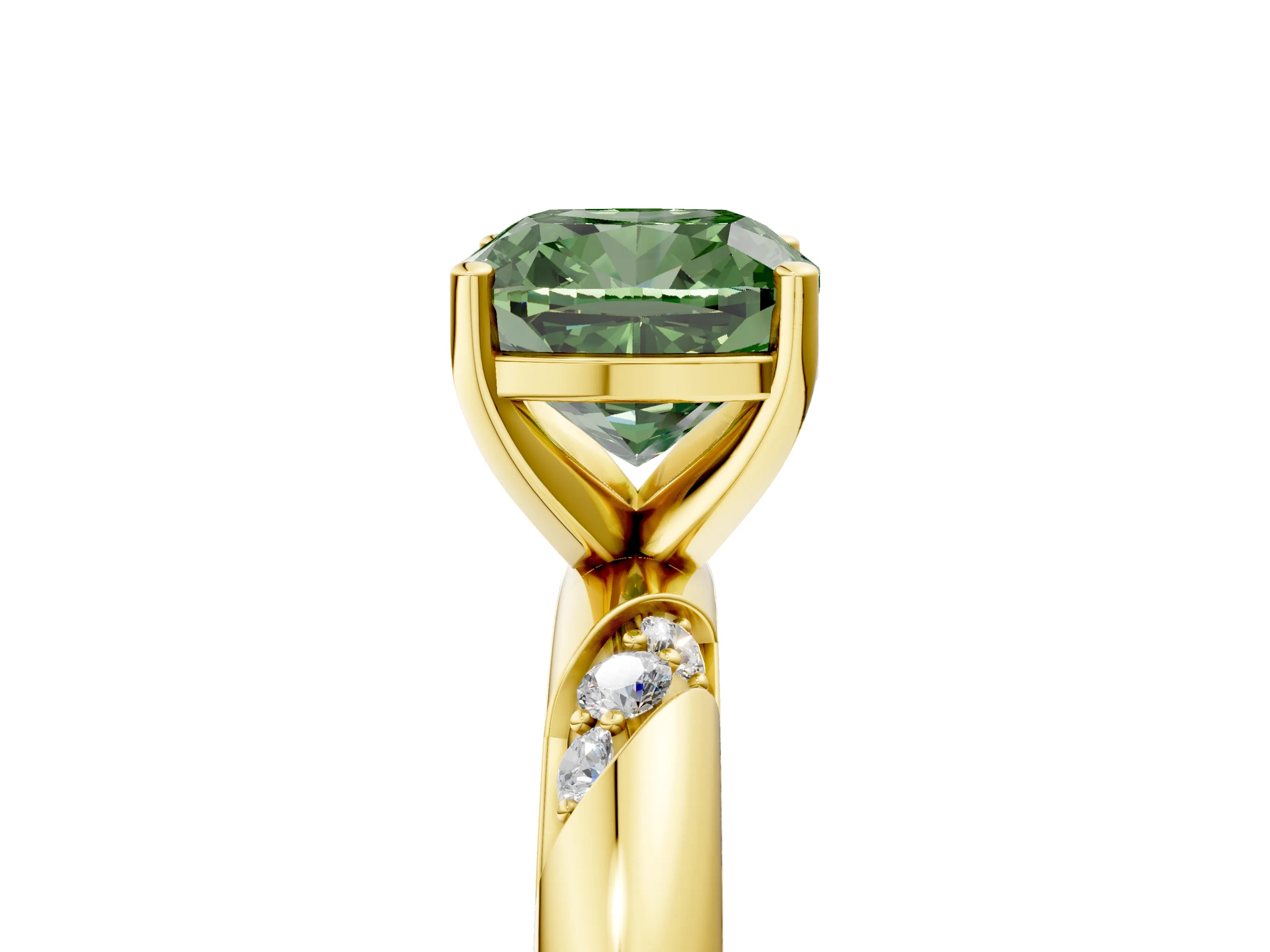 Yellow gold Fancy Green Cushion Cut Solitaire Diamond Engagement Ring with Twisted Pave Band and Four-Prong Setting_8