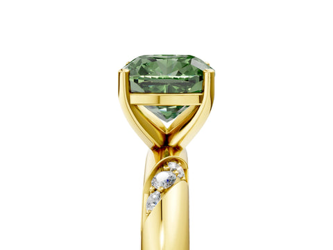 Yellow gold Fancy Green Cushion Cut Solitaire Diamond Engagement Ring with Twisted Pave Band and Four-Prong Setting_8