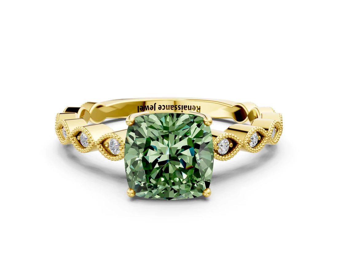 Yellow gold Fancy Green Cushion Cut Solitaire Diamond Ring with Infinity Twist Band and Four-Prong Setting_12